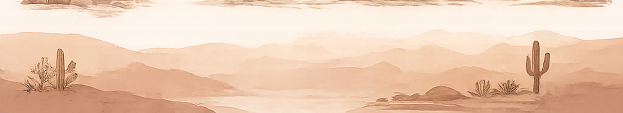 Desert landscape with cacti, shrubs, and mountain ranges in warm, sepia tones.