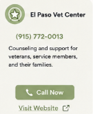 Advertisement for El Paso Vet Center offering counseling and support for veterans, service members, and their families, with contact number 915-772-0013 and a call now button.