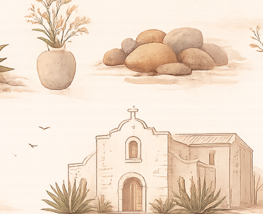 Watercolor painting of a church with a cross on top, stone rocks in the background, potted plants, and desert plants in the foreground.