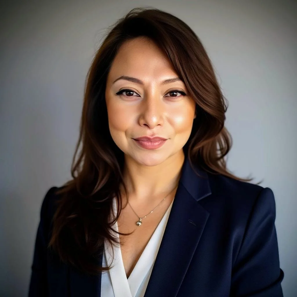 A woman with long, wavy brown hair wearing a navy blazer and a white blouse, smiling softly, against a neutral gray background.