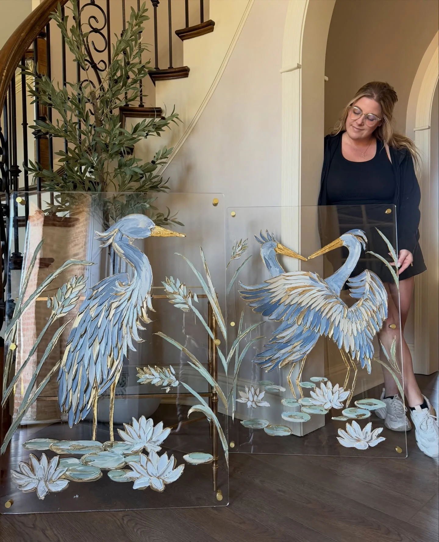 One of my favorite parts of commissions is the collaboration. From the herons&rsquo; positions to the color palette, size, and final placement&hellip;. every detail was shaped together, creating a set that feels just right for their space. I&rsquo;m 