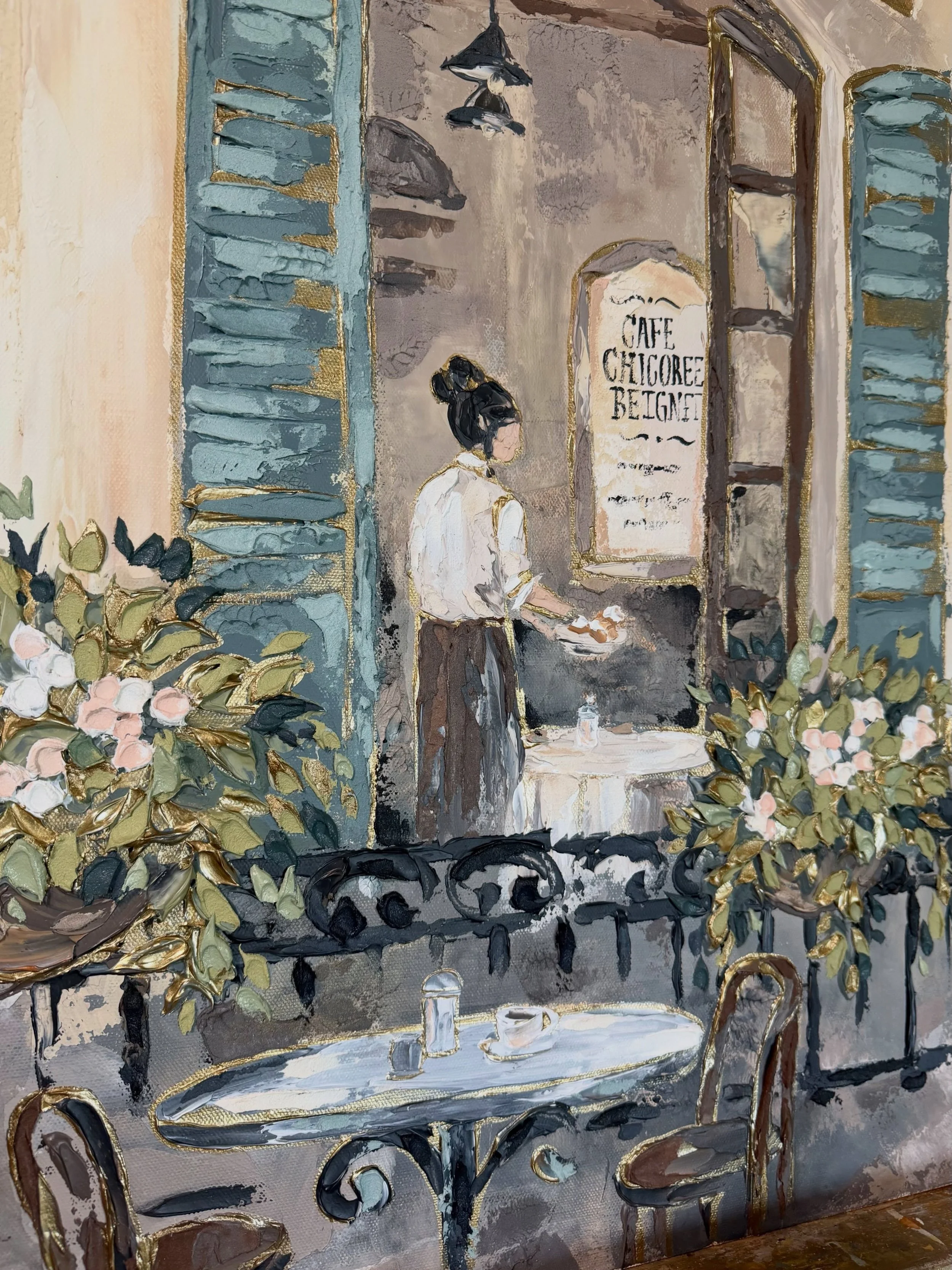 Warm beignets, hot coffee, weathered shutters, and a moment suspended in time&hellip;.One more glimpse of the New Orleans that refuses to be forgotten ☕️⚜️
&bull;
&bull;
&ldquo;Avant Tout, New Orleans&rdquo;
SarahK Art Show
June 13 &mdash; RSVP in bi