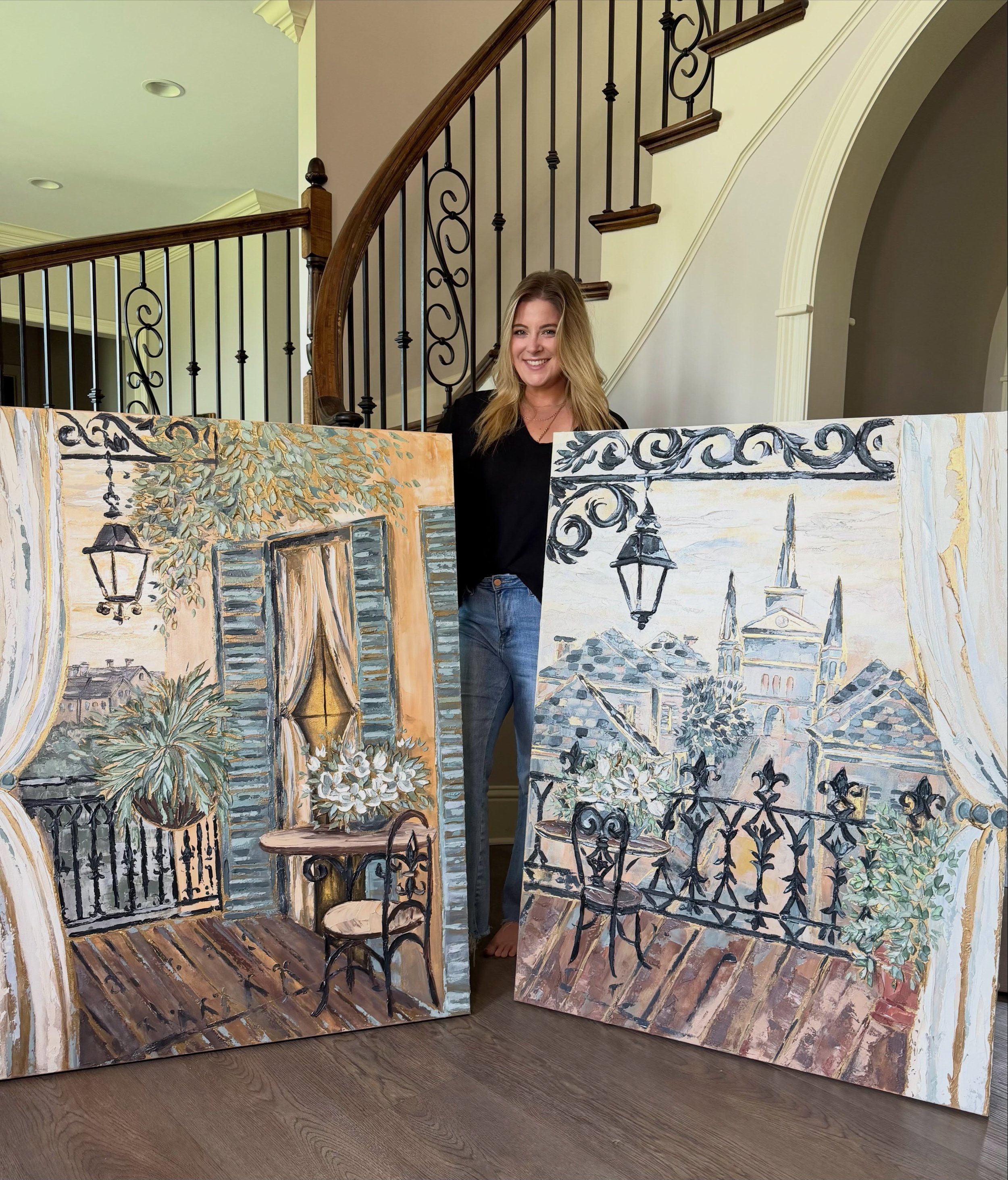 Do you remember &ldquo;From the Balcony to the Bells&rdquo; that we introduced last month? Meet her sister piece, &ldquo;Balcony in Bloom&rdquo; 🤍🤍 
&bull;
&bull;
See this pretty duo in person in LESS THAN 2 weeks!!! (Let&rsquo;s be real, nothing c