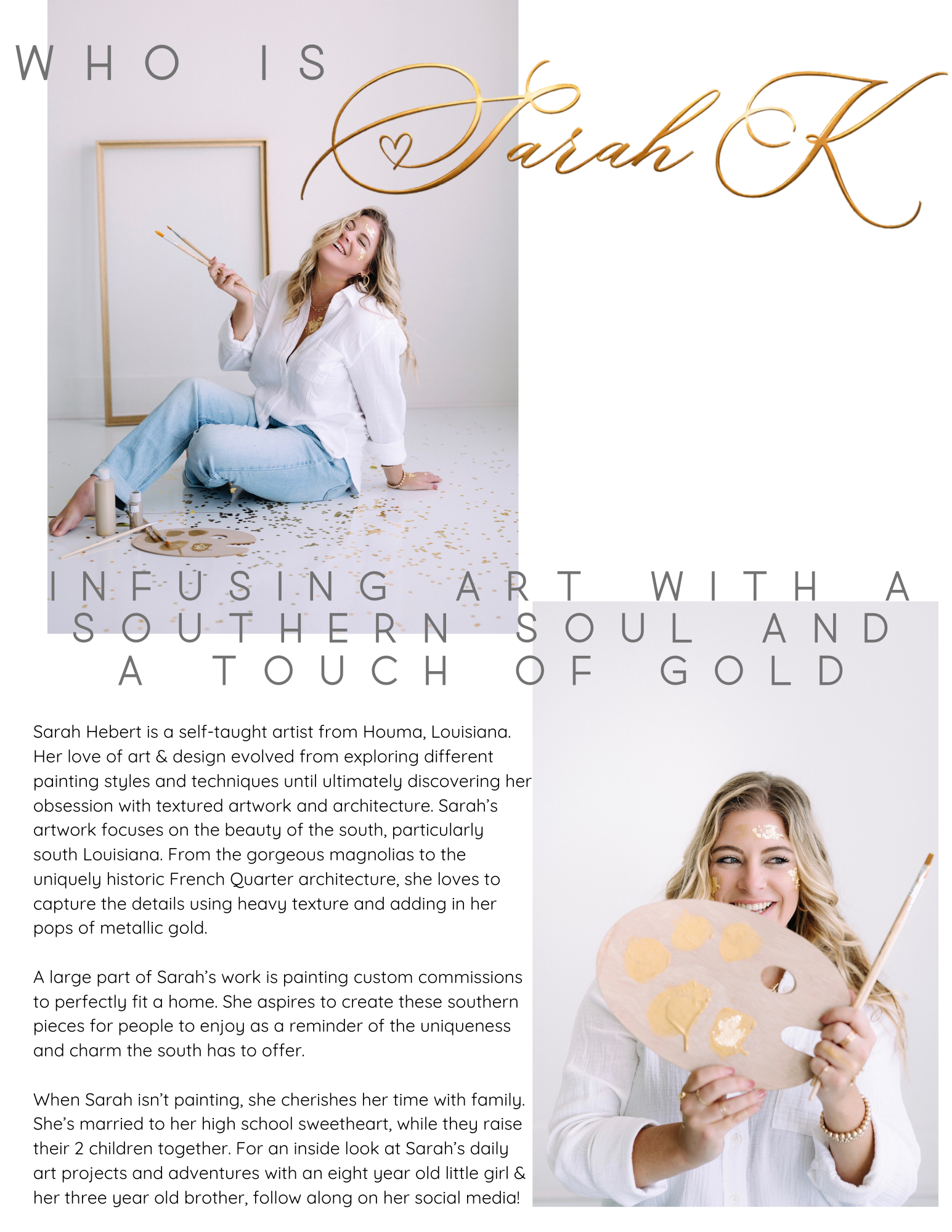 A woman sitting on the floor holding a paintbrush, surrounded by paint supplies and gold confetti, with a gold frame in the background and a large gold script text reading 'Sarah K'. There is also an image of the same woman holding a painting palette.