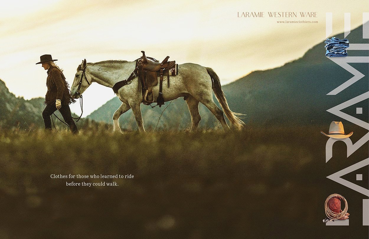 Woman walking a horse on a mountain top. Larime clothing ad designed by Glenn Gemmell