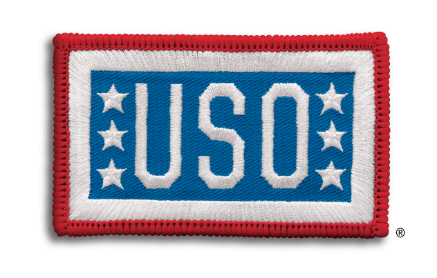 USO logo patch with blue background, white letters, and stars, bordered in red.