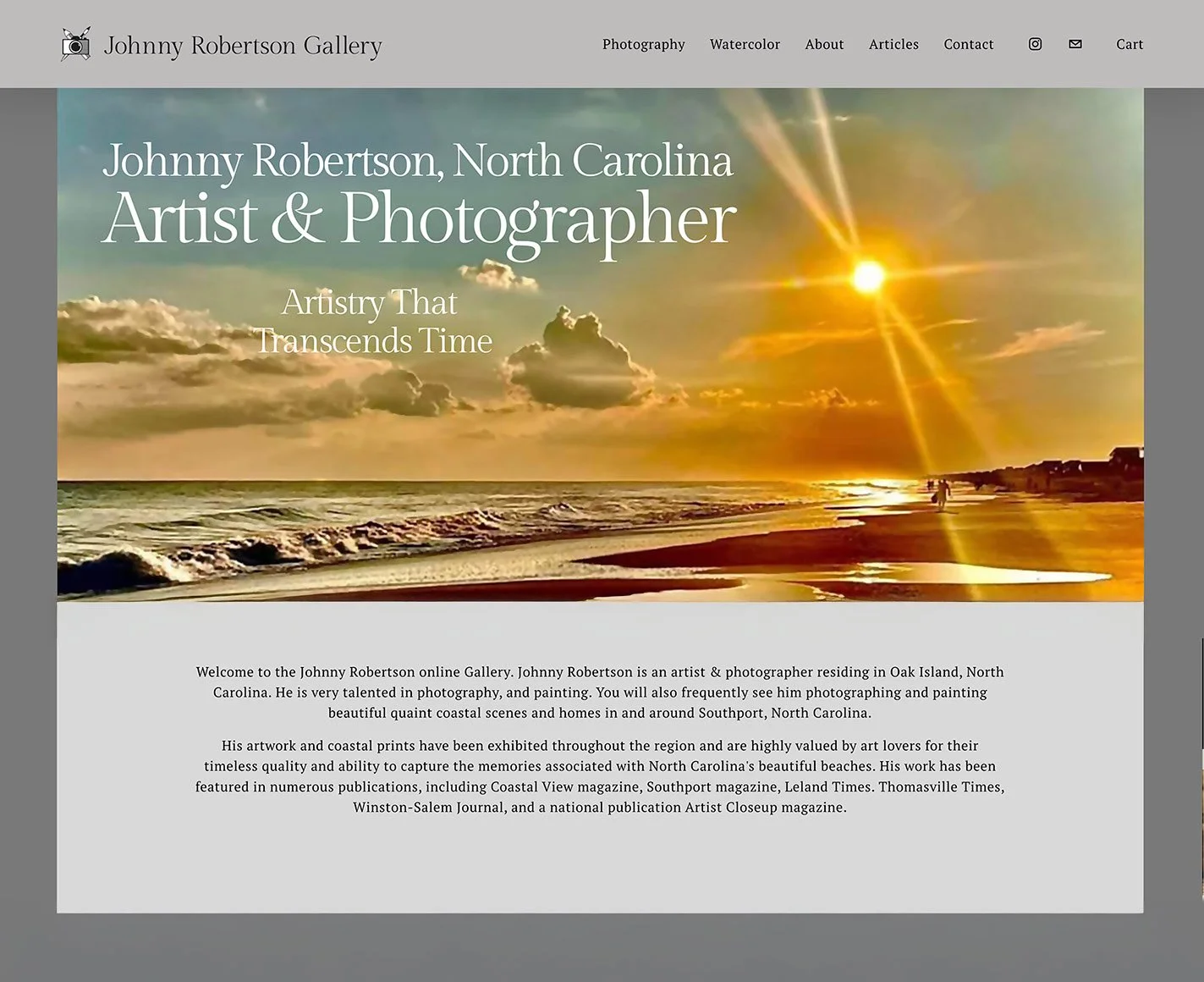 Homepage of Johnny Robertson's online art gallery featuring a sunset over the beach with the sky filled with clouds. By Glenn Gemmell Creative Services