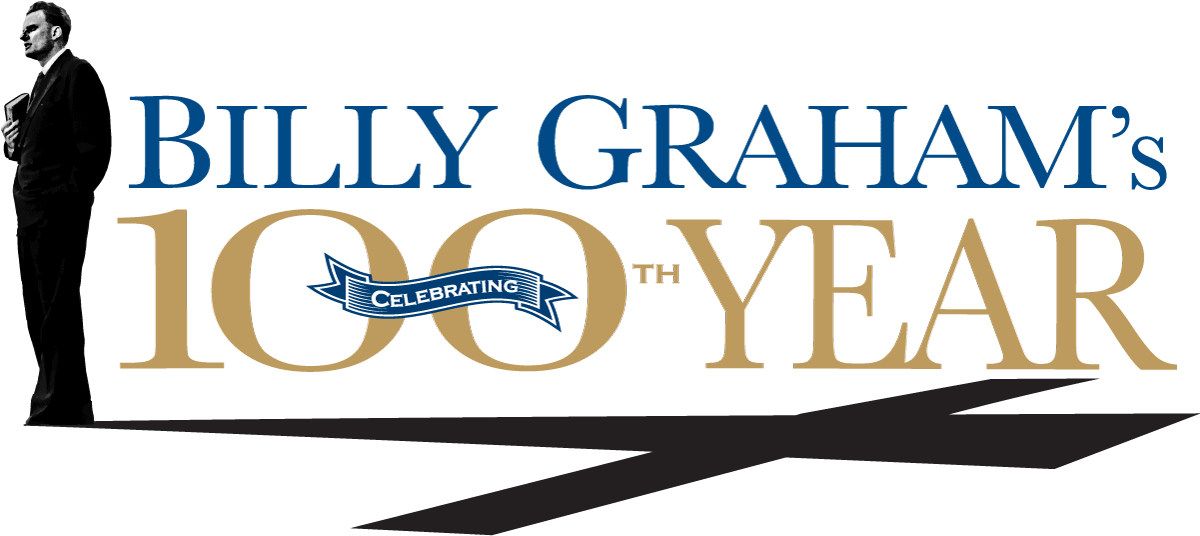 Silhouette of a man next to the text "Billy Graham's 100th Year Celebrating," with a cross shadow beneath.