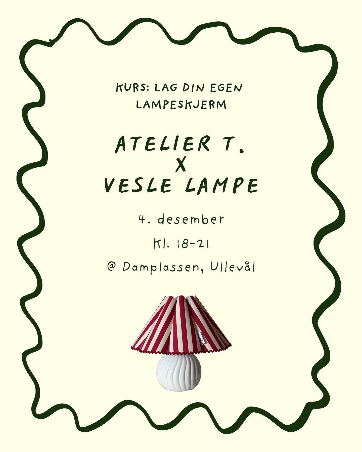 ✨ F&oslash;rjulskveld med h&aring;ndverk &amp; stemning &ndash; nytt lampeskjermkurs! ✨

Etter at forrige kurs ble fullbooket p&aring; f&aring; dager, inviterer vi igjen til en kreativ og lun desemberkveld hos oss i Atelier T &ndash; denne gangen med