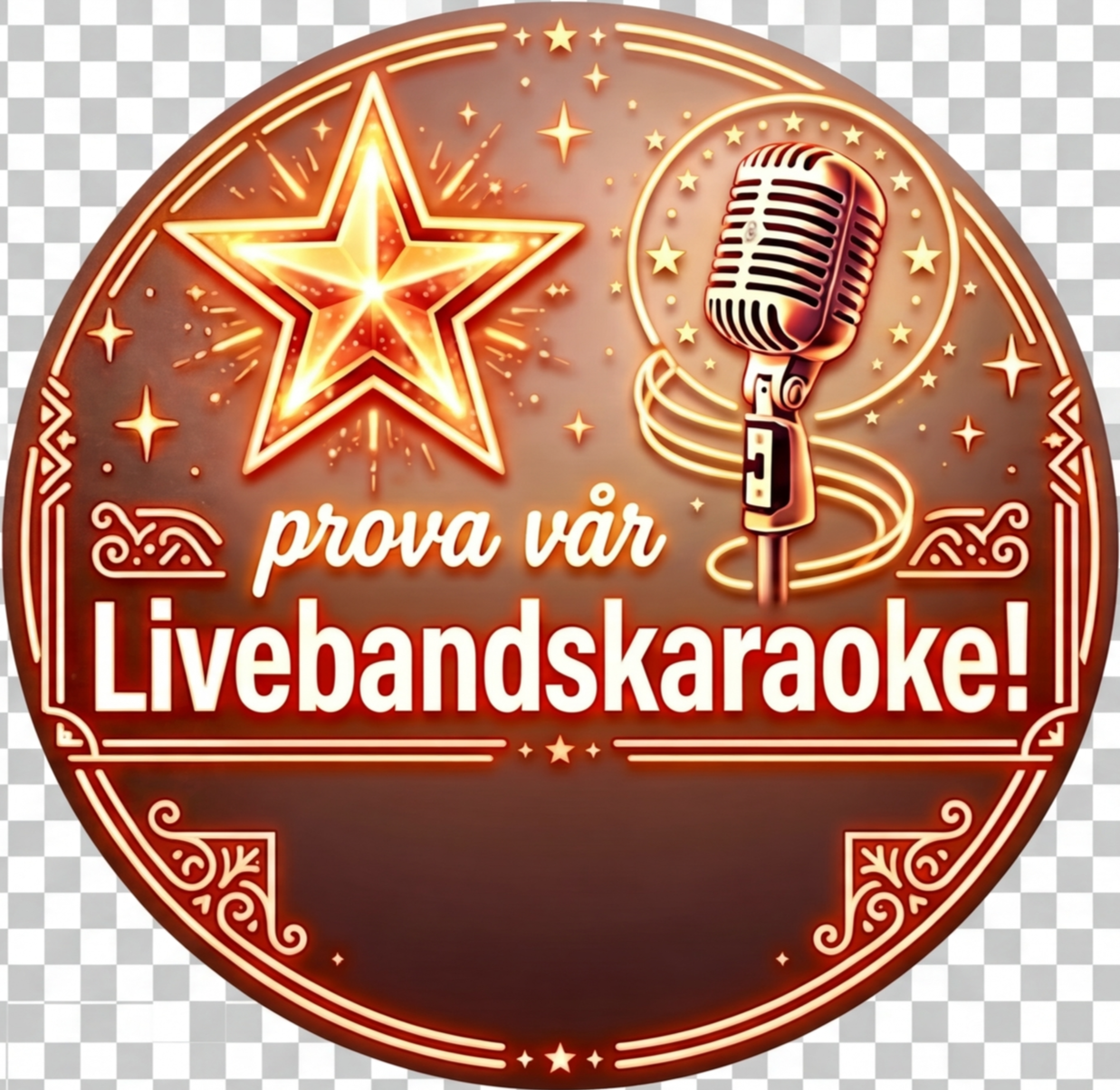 En digital neonlampa i form av en rund logo som visar en stor stjärna, en mikrofon, och texten 'prova vår Livebanskaraoke!'.