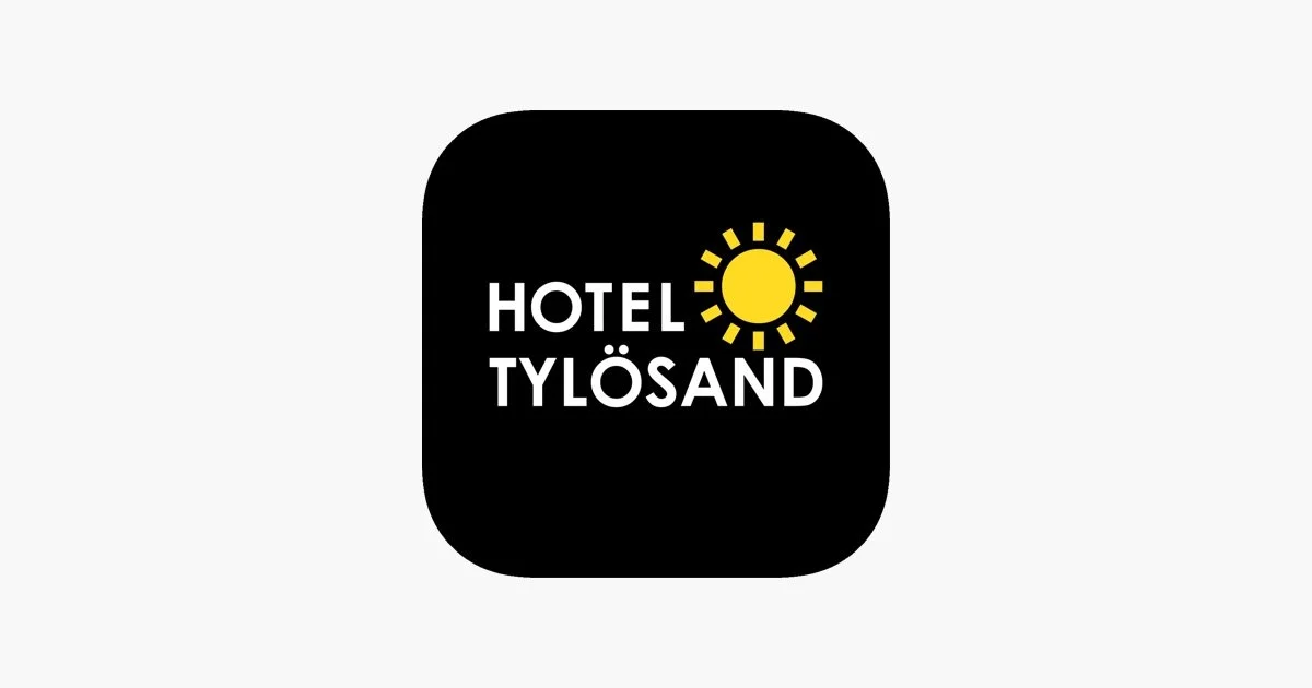App-ikon för Hotel Tylösand med svart bakgrund, vit text och en gul solsymbol.