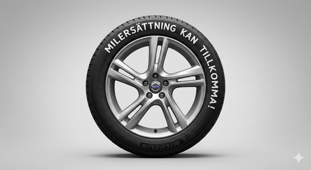 Bild på ett bildäck med fälg, där texten runt däcket lyder: "Milersättning kan tilkomma!"