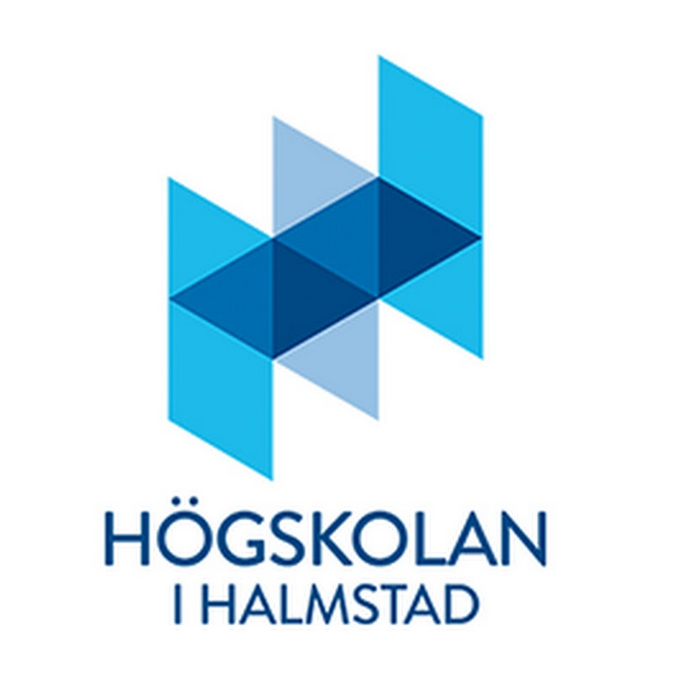 Logo för Högskolan i Halmstad med geometriska blå och ljusblå trianglar