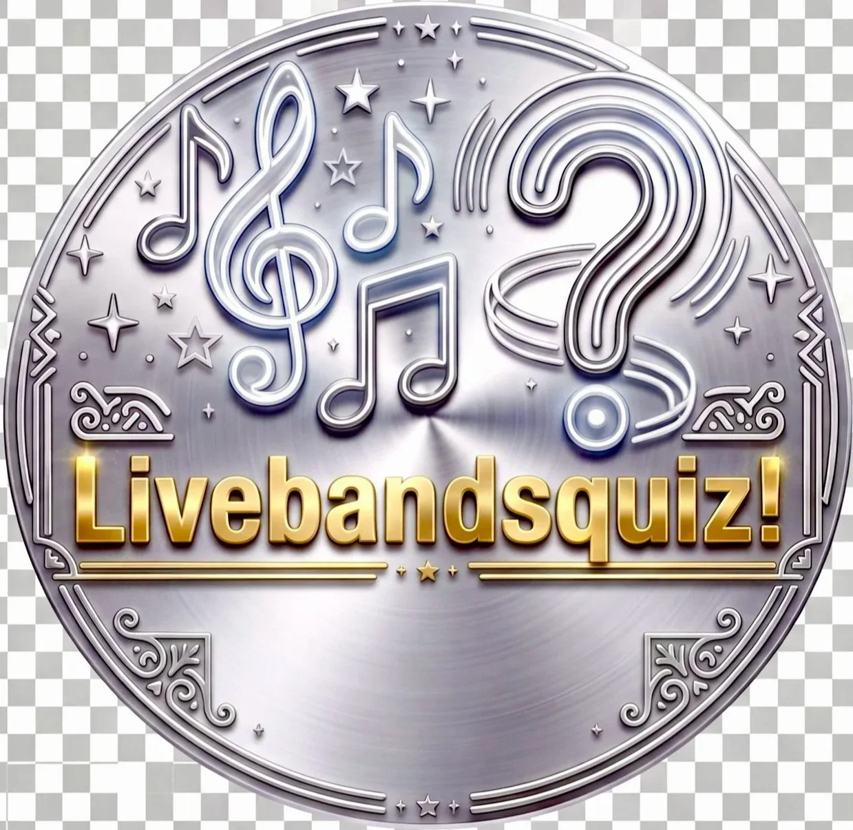 En rund medalj med musiknoter och stjärnor och texten 'Livebandsquiz!' i metallik guldfärg.