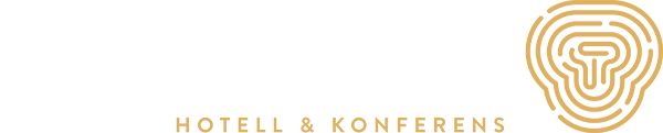 Bild på logotyp för Tylebäck Hotell & Konferens med svart text och en guldbrun symbol av ett huvud med ett labyrintmönster.