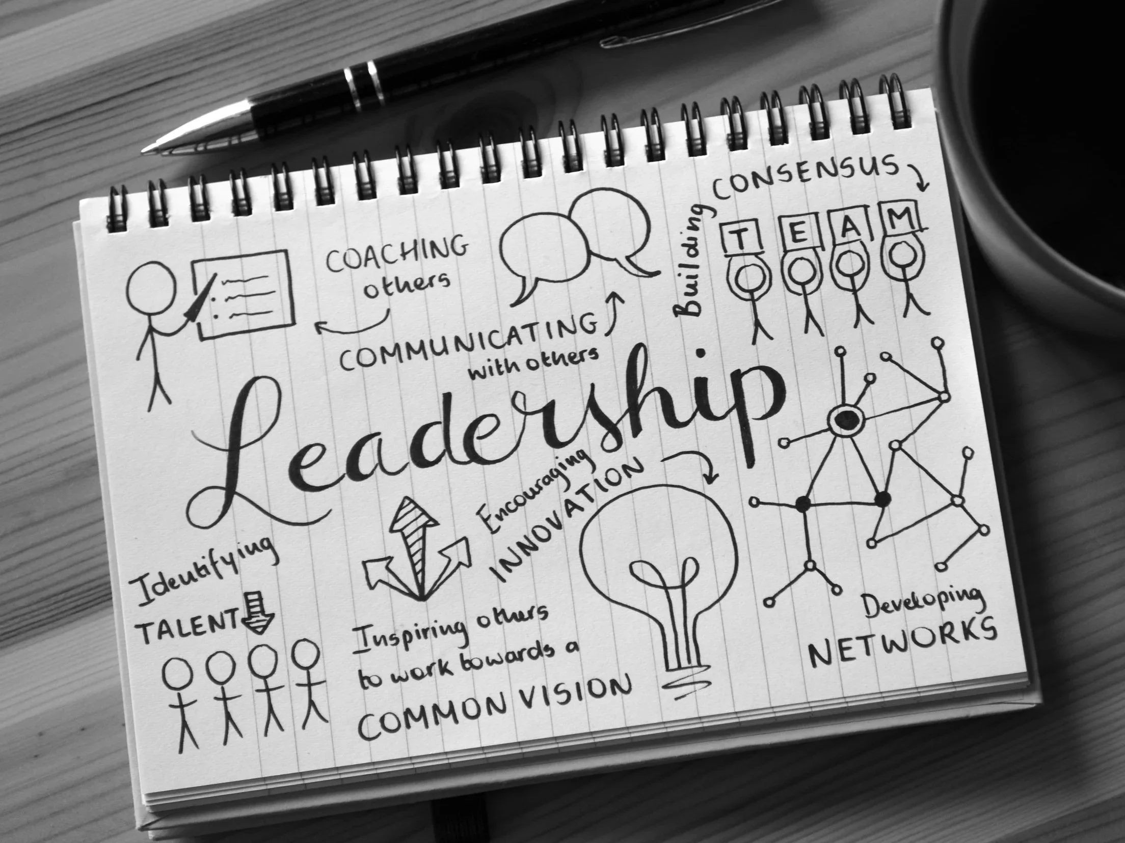 Hand-drawn notes on a notepad about leadership, including themes of communicating with others, coaching, building consensus, developing networks, sharing talent, inspiring others, and encouraging innovation with various icons and diagrams.