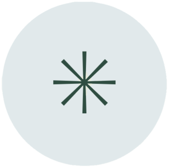 A minimalist logo with eight green lines radiating outward from a central point on a light gray background.