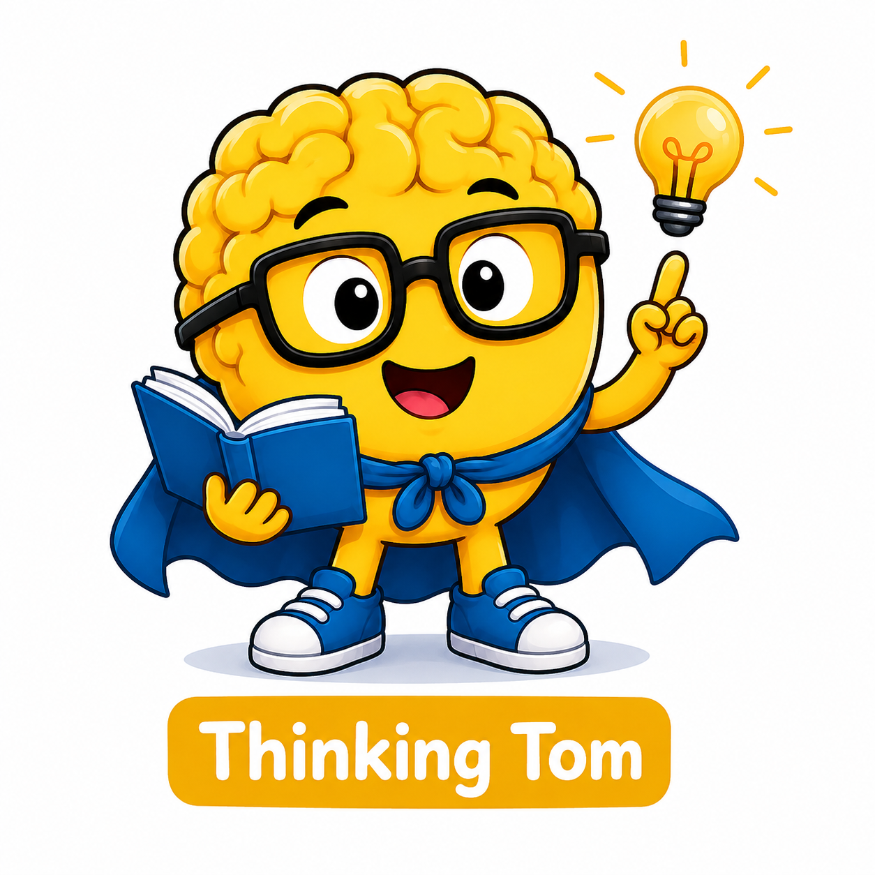 Cartoon character of a yellow brain wearing glasses, a blue cape, and sneakers, holding a book in one hand and pointing up with the other, with a light bulb above its finger, and the text 'Thinking Tom' below.