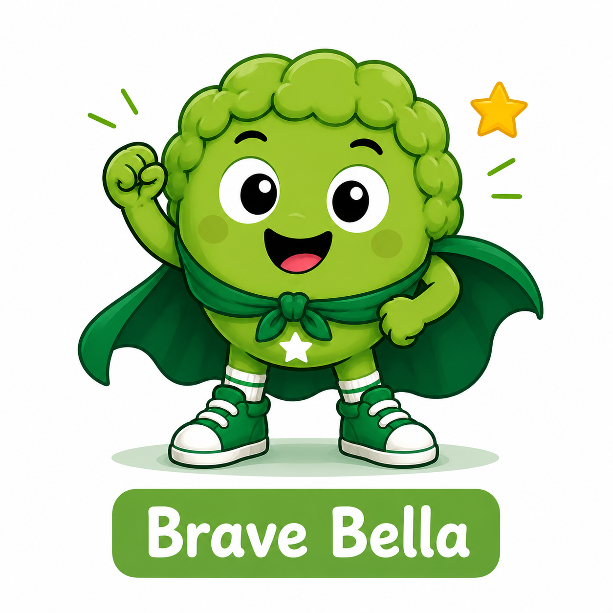 A cartoon character of a green broccoli dressed as a brave superhero, wearing a green cape and sneakers, with a star emblem on the chest and the text "Brave Bella" below.