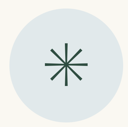 A dark green asterisk-like symbol with eight lines against a light blue circle background.