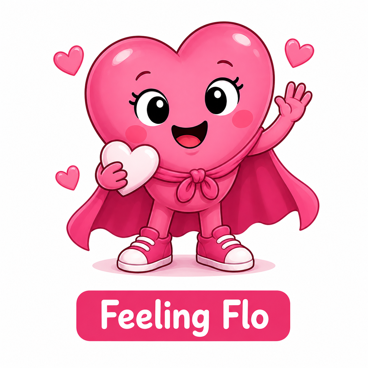 A cartoon pink heart character dressed as a superhero with a cape, holding a white heart, surrounded by smaller hearts, with the label 'Feeling Flo' below.