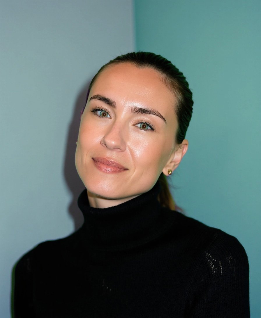 A portrait of a young woman with light skin, blue eyes, and dark hair pulled back, wearing a black turtleneck sweater, standing against a teal background.