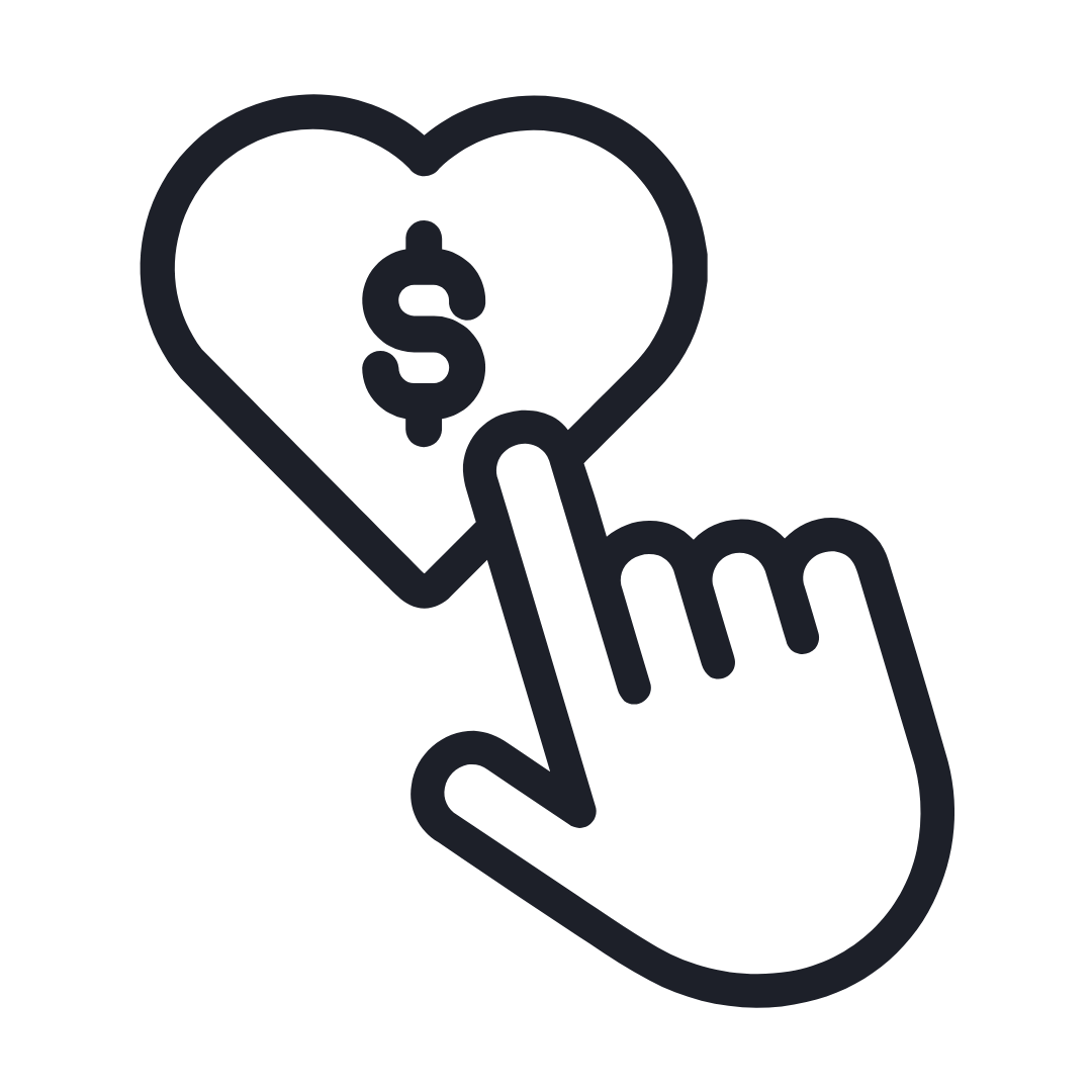 A line drawing of a hand clicking on a heart with a dollar sign inside it.