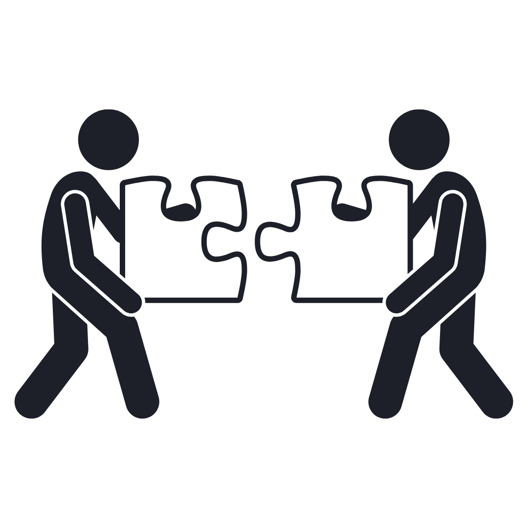 Two figures walking toward each other, holding large puzzle pieces that are fitting together.