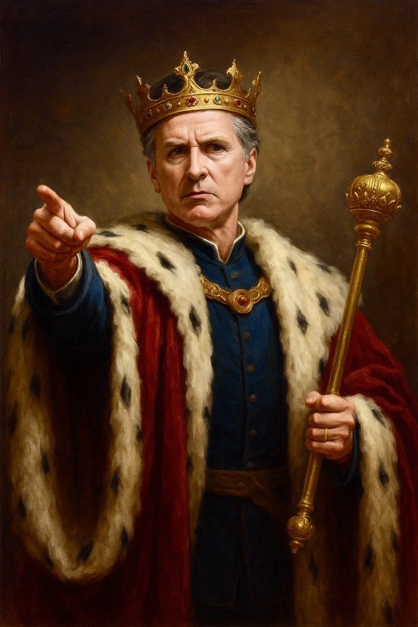 Painting of a man dressed as a king, wearing a crown, a fur-lined cape, and holding a scepter, pointing forward.