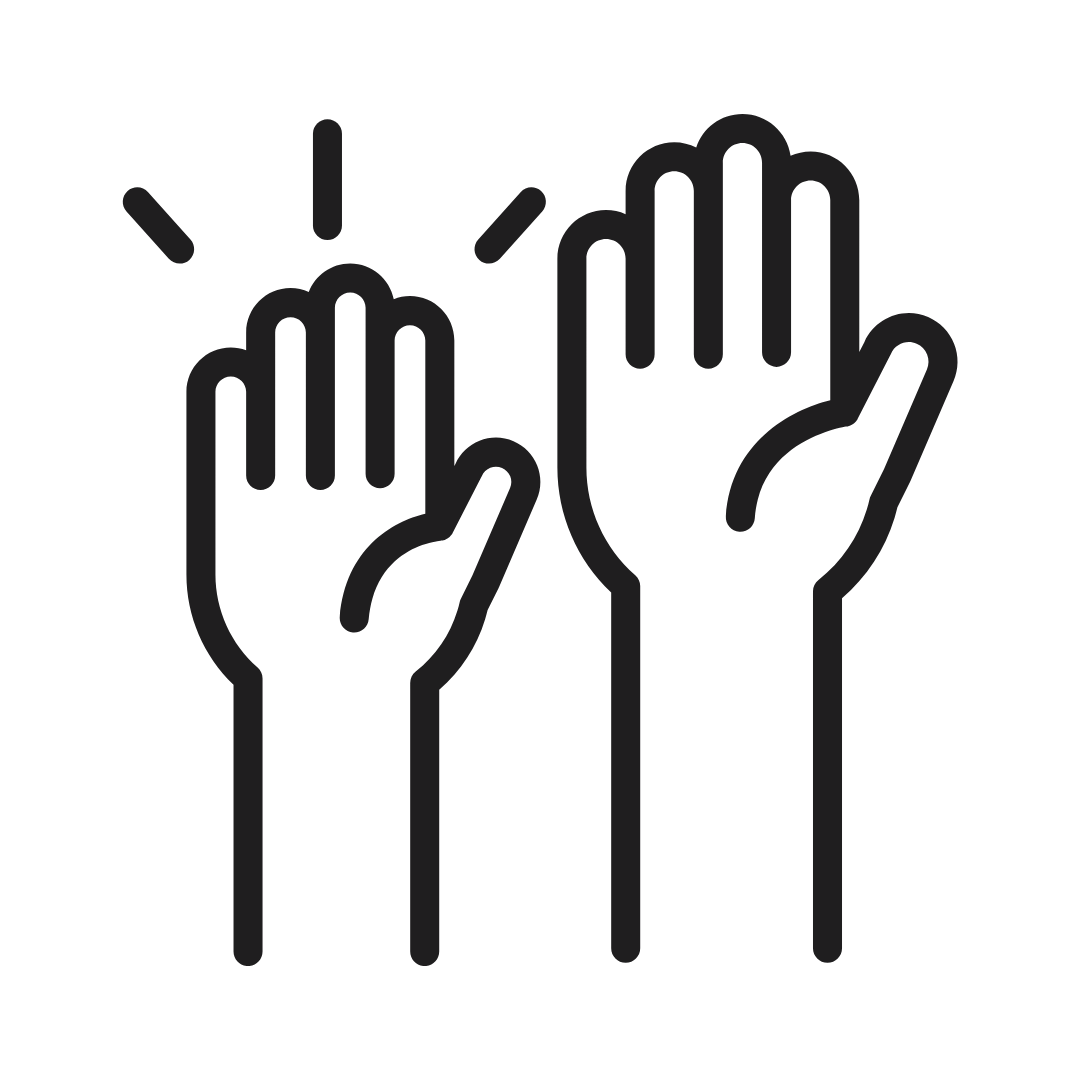 Line art icon of two raised hands giving a high five.