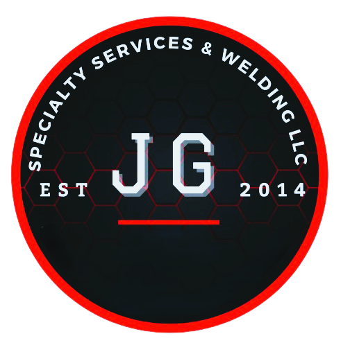Circular logo for JG, a welding and specialty services company established in 2014, with a black background and red border.