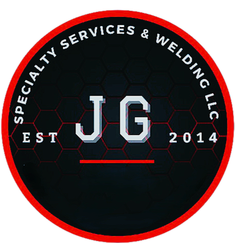Logo for JG Specialty Services & Welding LLC, established in 2014, featuring black background with red border and hexagonal pattern.