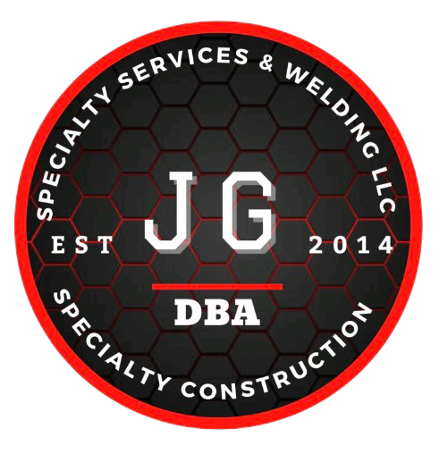 Circular logo for JG DBA, specializing in weldings and construction services, established in 2014, with a black honeycomb background and red border.