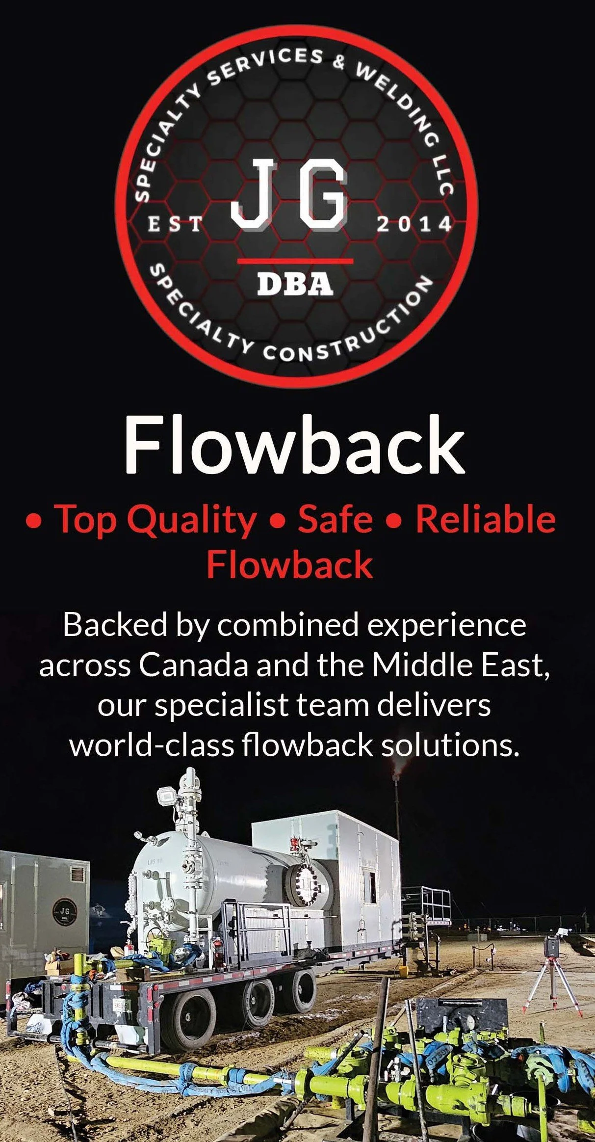 Nighttime construction site featuring a large industrial flowback equipment trailer with various pipes and tools around it, set against a dark sky.