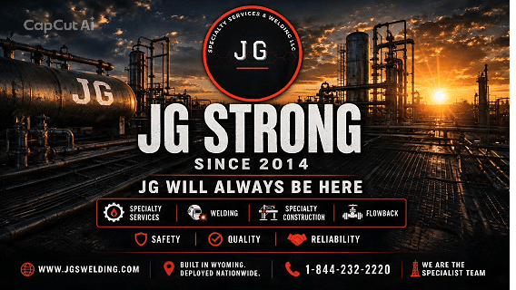 Industrial chemical plant at sunset with logo for JG Strong, a welding and construction company, featuring service icons for specialty services, welding, construction, flowback, and safety, along with contact information.