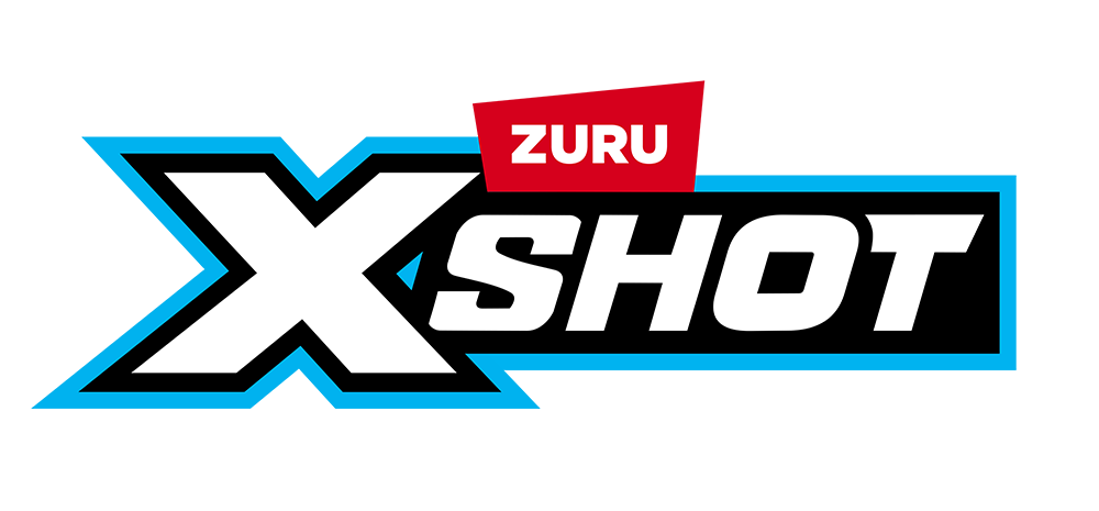 Graphic logo for ZURU X-Shot, featuring bold black and white text on a blue background.
