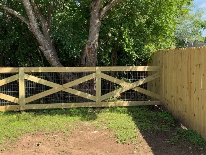 Full tear out and install in Cedar Park, TX. Thank you for trusting us with this project! Custom 6&rsquo; steel framed side gate. Cross buck ranch style fence, which really opens the back up to a couple acres of protected green space. Custom property