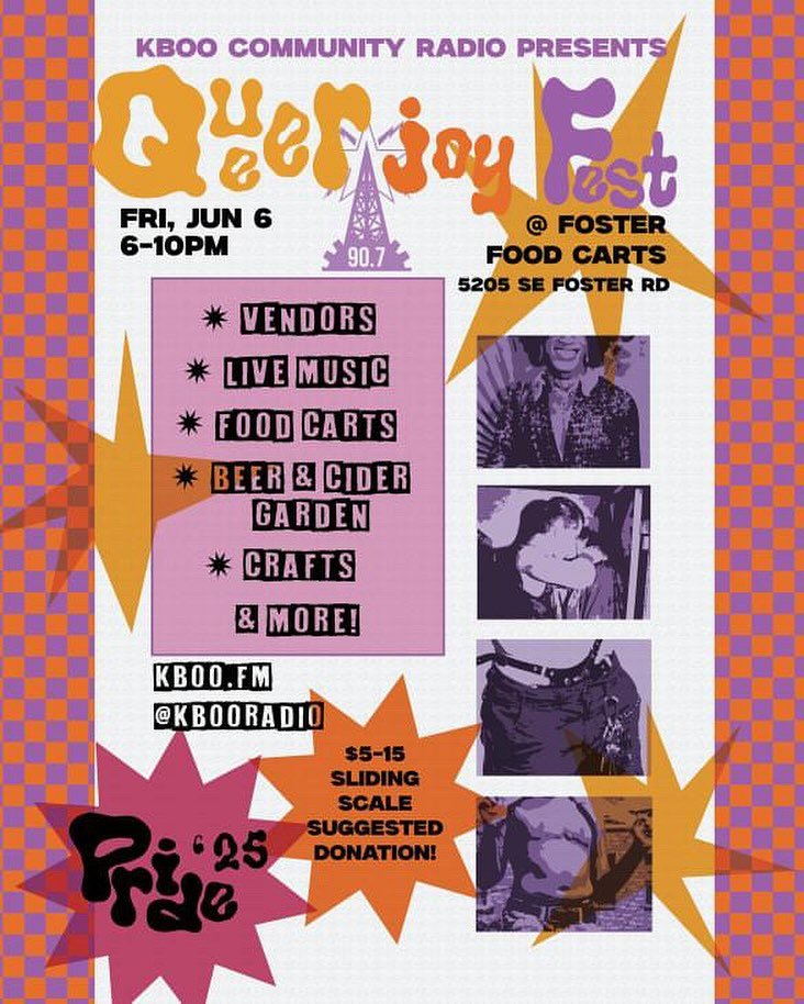 Another KBOO &amp; Foster Food Carts collab!🫱🏾&zwj;🫲🏿 Queer Joy Fest, this Friday from 6-10pm. Vendors, live music, crafts, all the great food &amp; drink from the @fosterfoodcarts carts, and more!👏🏽🤗
👇🏽👇🏽👇🏽

Retweet and 🎨 @kbooradio:
K