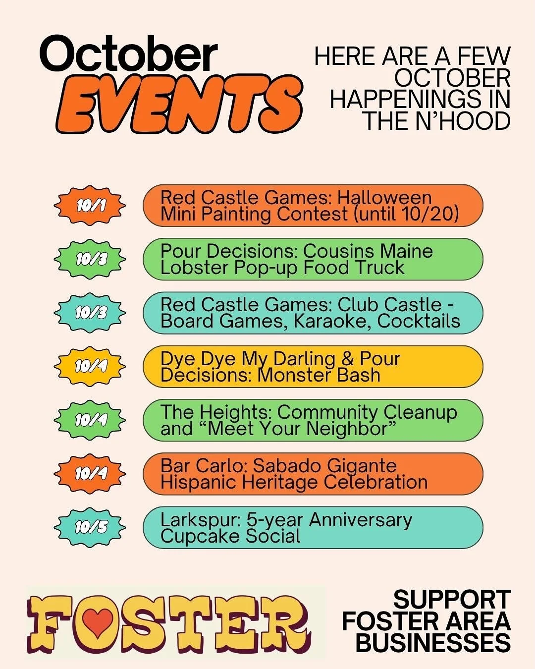 Wow, October events are in full effect on Foster! Several local businesses have a variety of celebrations, sales, pop-ups, gatherings, and straight up parties!🥳🤘🏽❤️

✨ Check out our October events roundup for a sampling of what&rsquo;s happening o