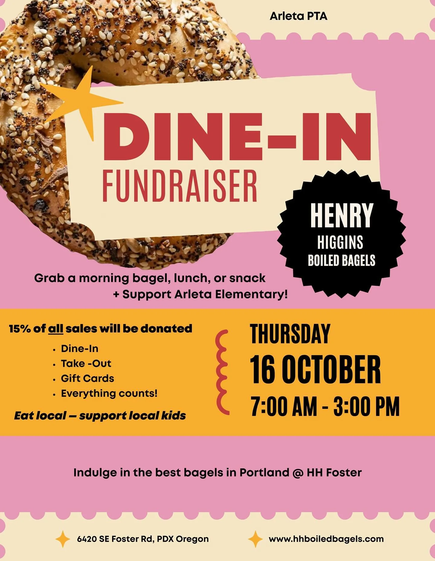 Hey, hey!👋🏾 Stop by @hhboiledbagels on Thursday, October 16 (7am-3pm), and support one of our neighborhood schools. For every purchase you make, %15 of the sale will go to support Arleta Elementary!🥯❤️

The Arleta Dine-In Fundraiser applies to all