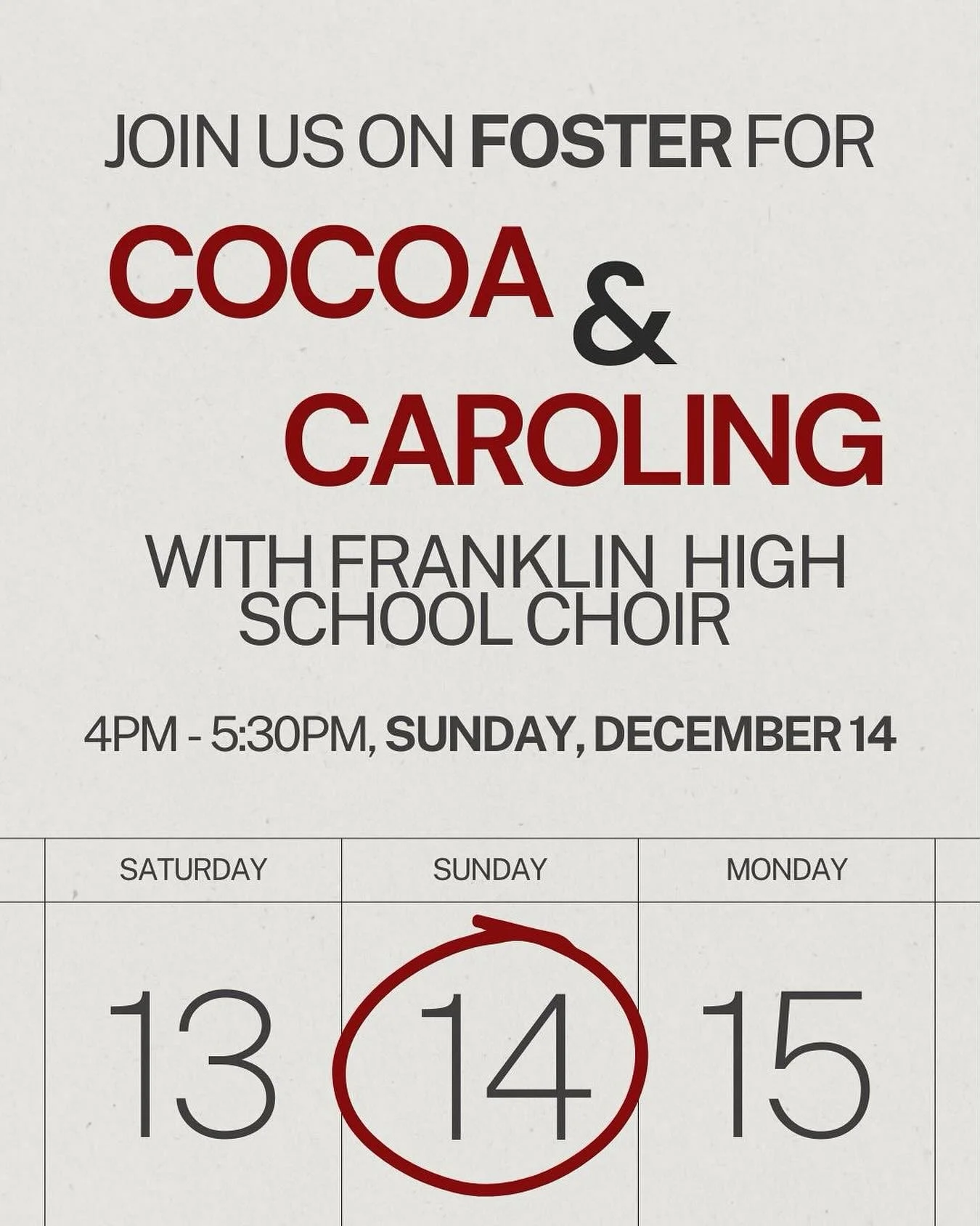 Save the date!🗓️

🎊We&rsquo;re bringing some holiday cheer to SE Foster!

Join your Foster Area Business Association, friends, and neighbors for Cocoa &amp; Caroling.☕️🎤🎁🎄❤️ 

✨Sunday, December 14, from 4:00 - 5:30pm. 

We are partnering with @p