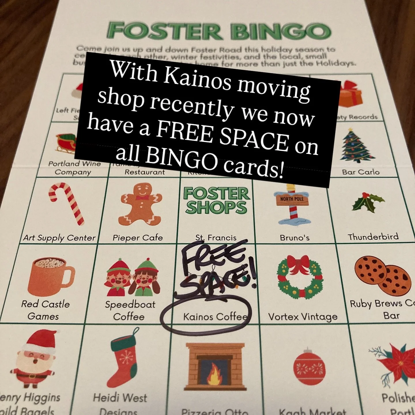 Hey BINGO kids!

Sometimes shops shutter and find new homes. We wish @kainos.coffee all the success in the world as they venture anew over in Gresham.

But now we have a FREE SPACE on the BINGO card!

If you have one, it is free to decorate as you wi
