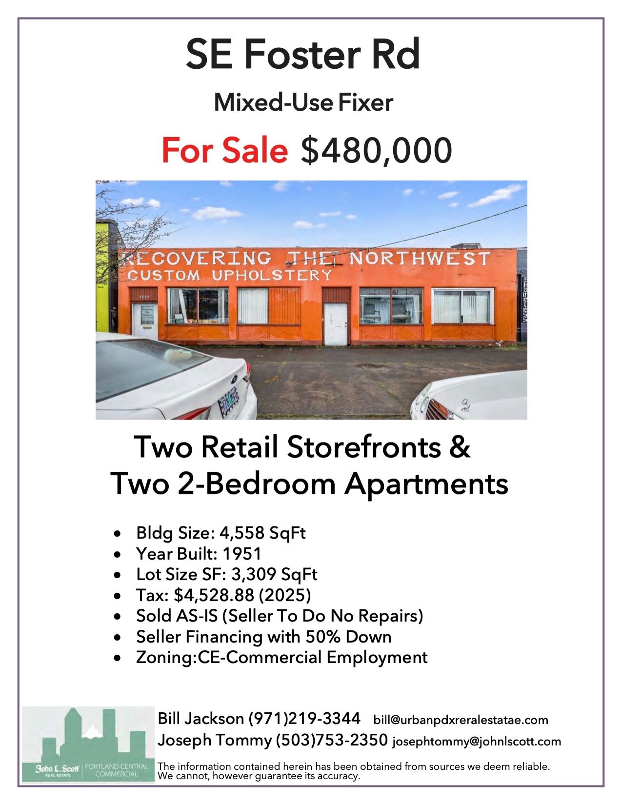 The time for renewal is nigh! Great opportunity to bring new life to a classic spot here on Foster!

As the listing notes mention and the upholstery business is named, this property is in need of some recovery. So if you have the gumption and the tim