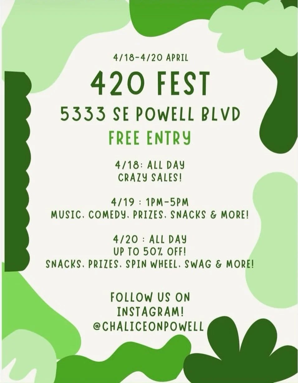 Time to celebrate with our local budtenders at @chaliceonpowell. 420 Fest at Chalice on Powell is happening this weekend 4/18-4/20!

Stop into the shop on 4/19 from 1-5pm for live comedy, DJ, FREE SNACKS and swag! Plus you can take a spin on their pr