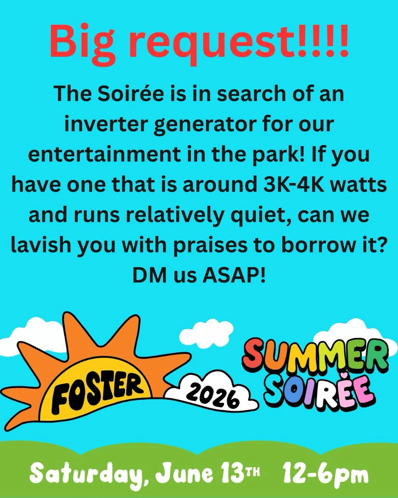 Alright Fosterinos!! Time to mount up for a big ISO(In Search Of, for those of us not in the Buy-Nothing realms of the neighborhoods).

There WILL BE MUSIC in the park this year! But the electrical system in Laurelwood Park is currently not useable. 
