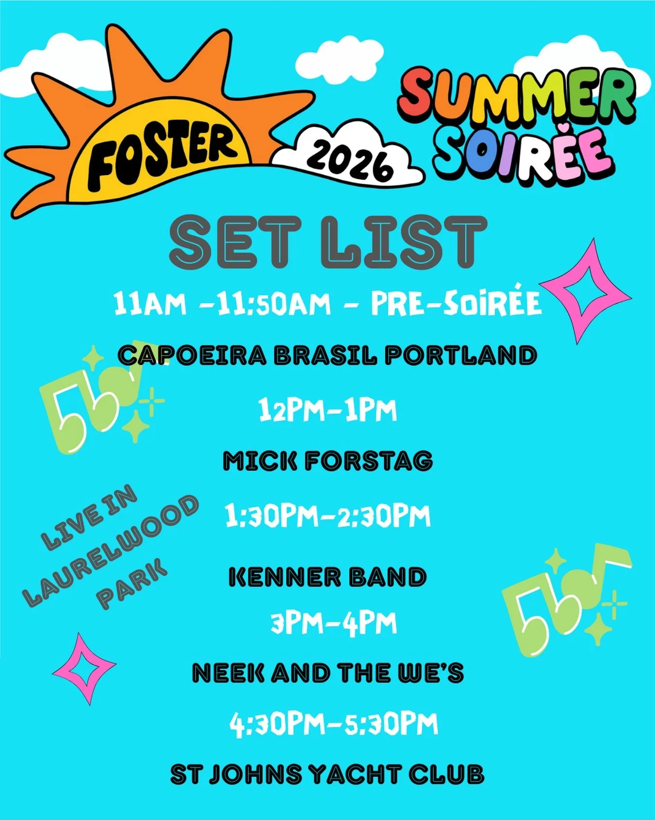 The Set List has arrived!!!!

Soir&eacute;e entertainment in Laurelwood park is as follows:

11am-11:50am - @capoeirabrasilportland bringing the Roda to the park. Come enjoy the grace and movement of their art.
12pm-1pm - Mick Forstag @frng_dwlr star