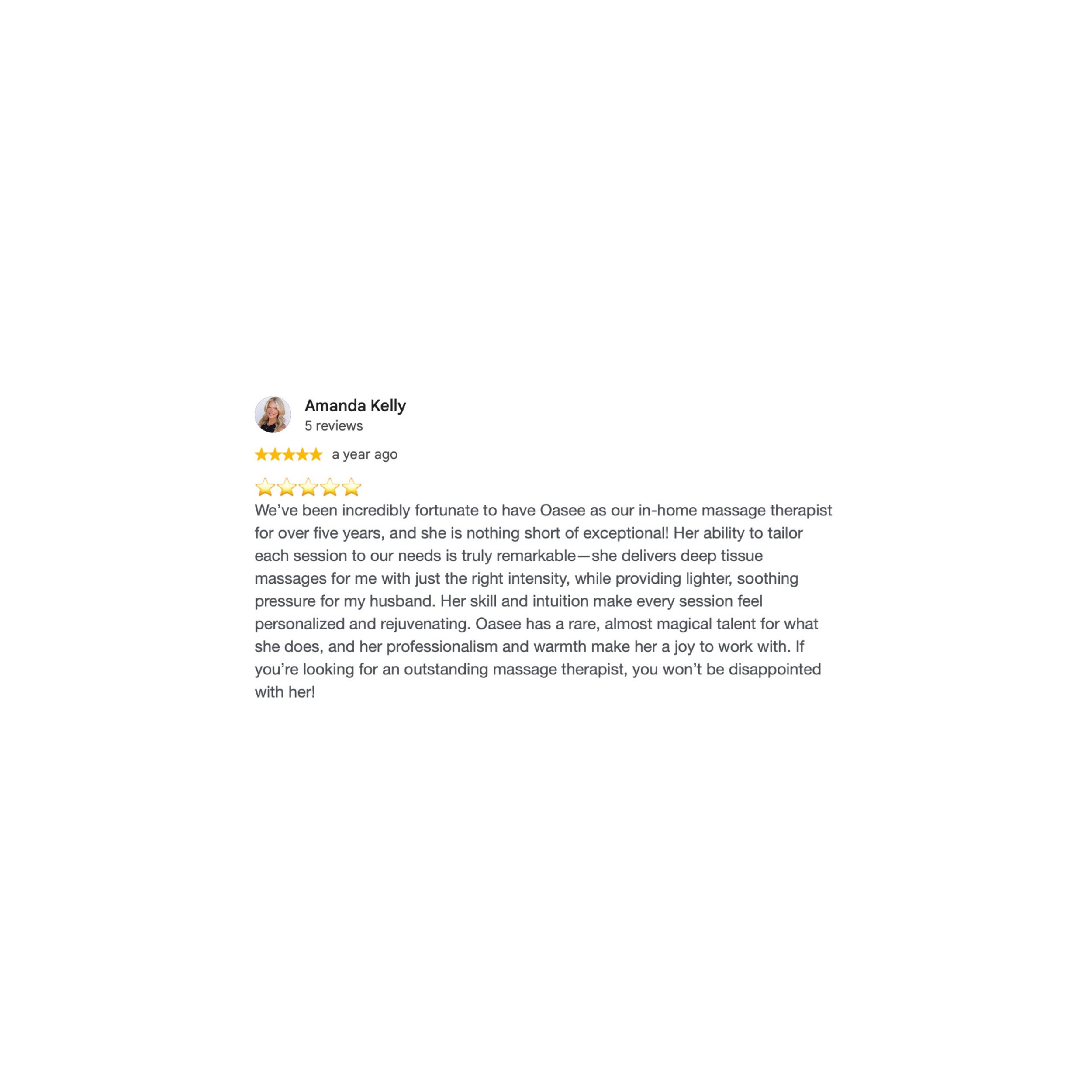Customer review for massage therapist, Amanda Kelly, praising her skills and professionalism.