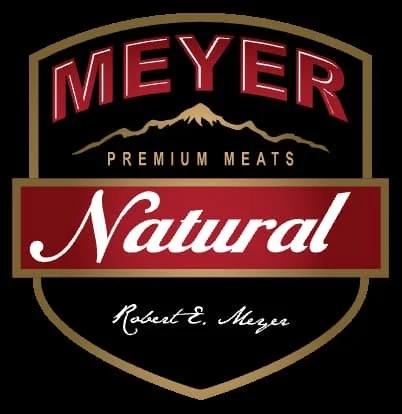 Meyer's Natural Premium Meats logo black and red with gold outline