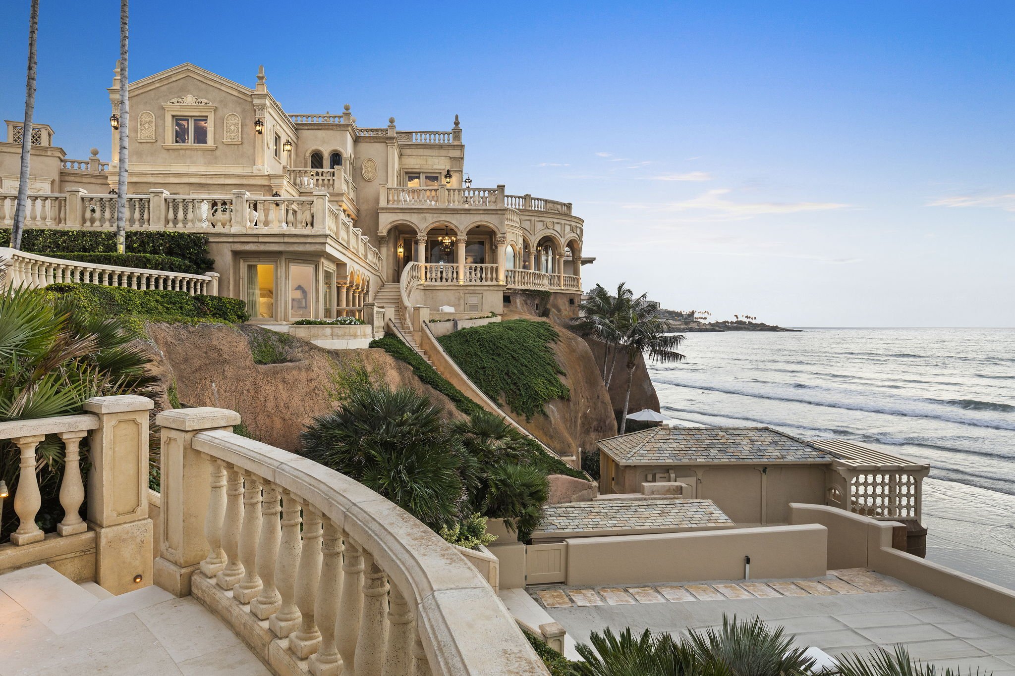 View to Main House, Private Beach and Pacific at Dusk