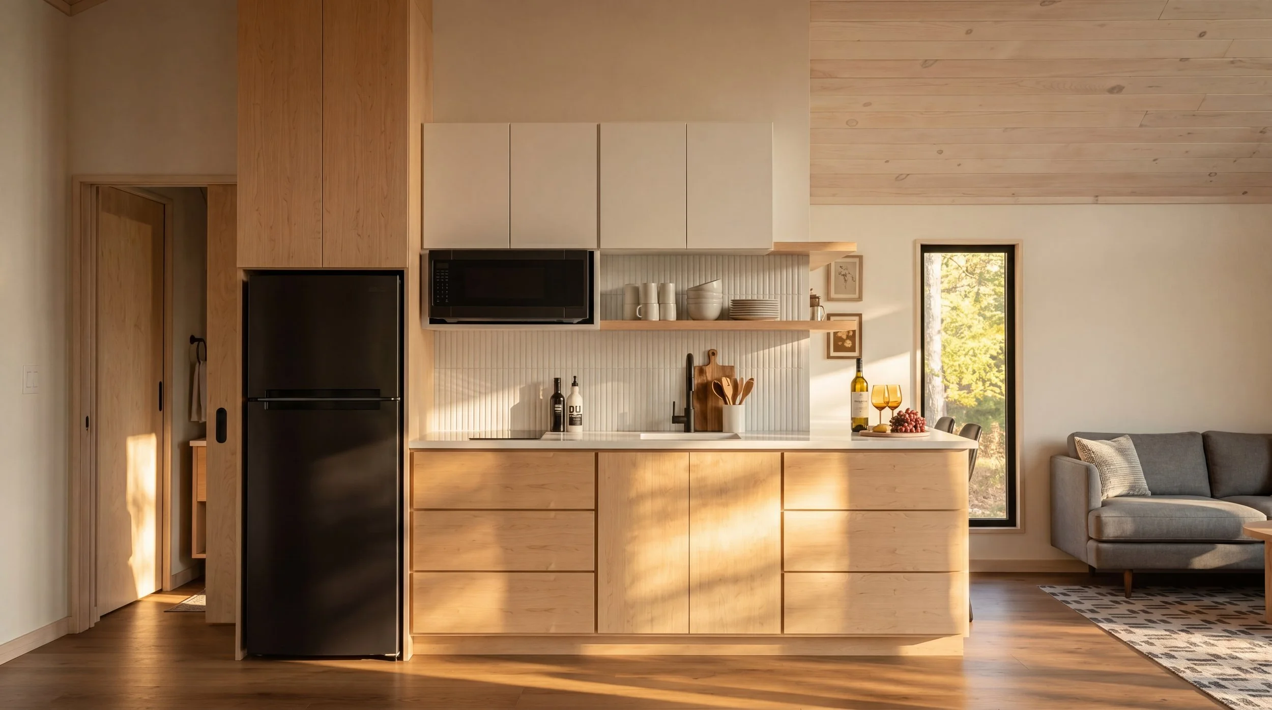 Modern kitchen with wooden cabinets, black refrigerator, microwave, and a view of a living area with a gray sofa through a large window.